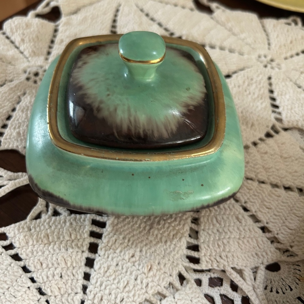 Vintage German Green and Brown Ceramic Box with Lid